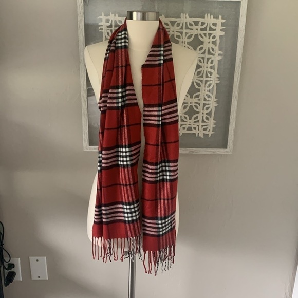 None Accessories - Cashmere winter scarf red black and white plaid with braided fringe